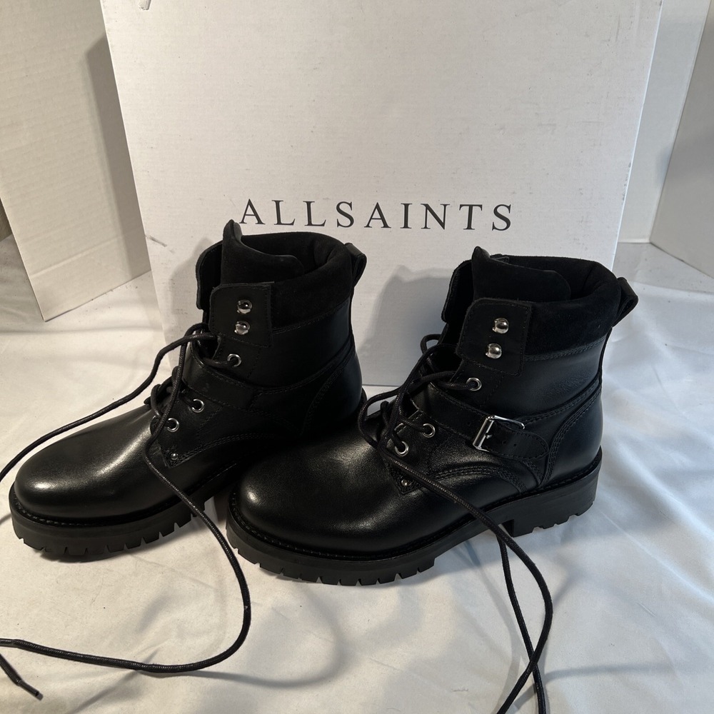 NIB ALLSAINTS Paulina Black Leather Moto Biker Chunky Boots Lace Up Size 7‎ US